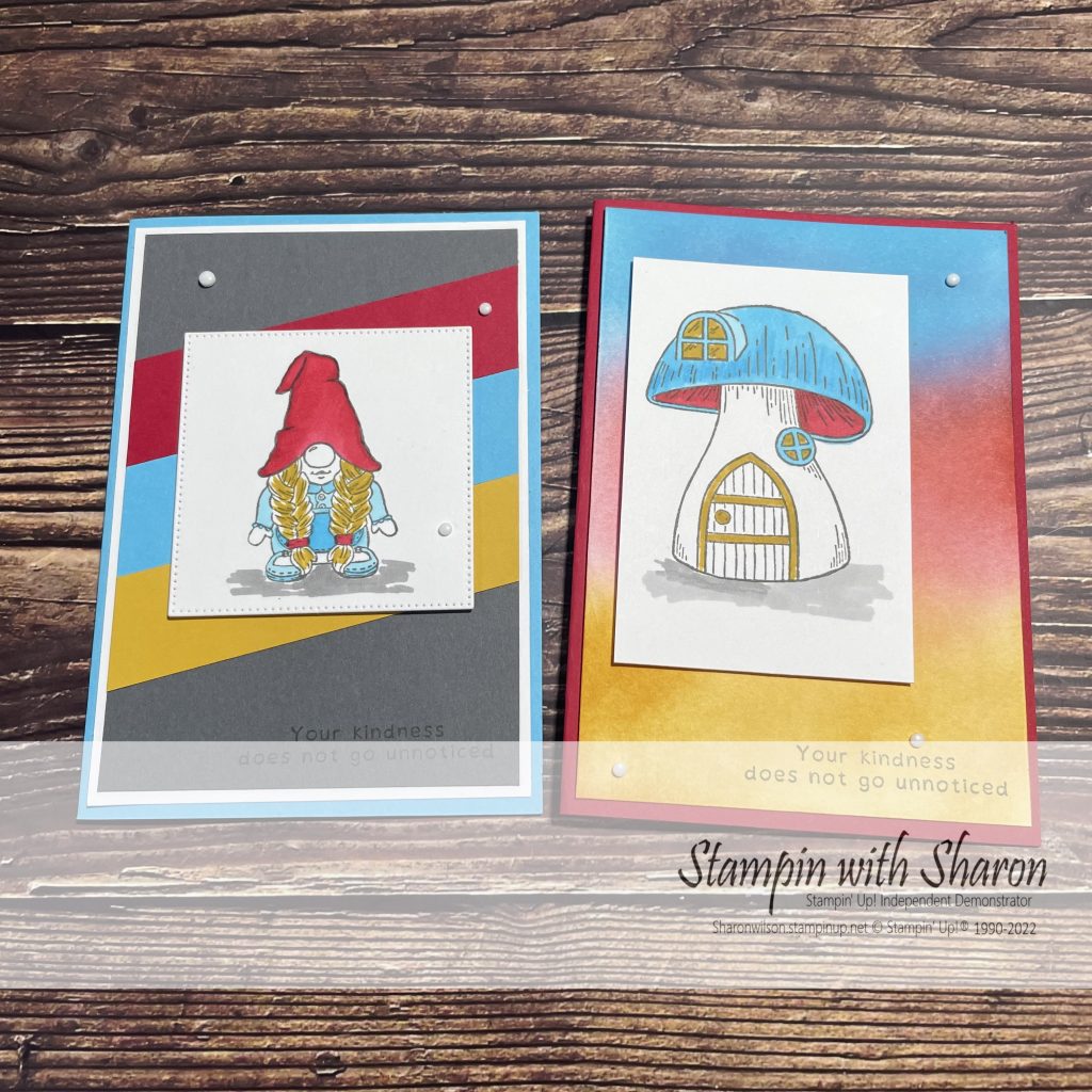 The Stampin' Upcolour Real Red, Tahitian Tide and Crushed Curry to create these cute gnome cards.