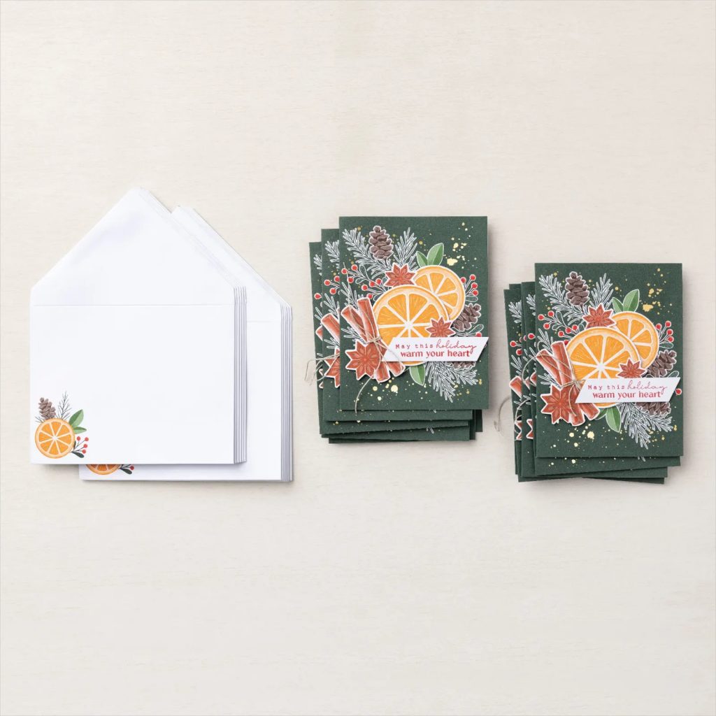 Celebrate the season with a card kit that has everything you need to make 12 festive cards. Wish those you love a merry Christmas and a joyous New Year with classic pine, cinnamon, and orange designs that will warm any heart. And the gold foil details add that special something to these seasonal designs. Don’t let the Christmas time overwhelm you–get your all-inclusive kit and make quick multiples everyone will love!
