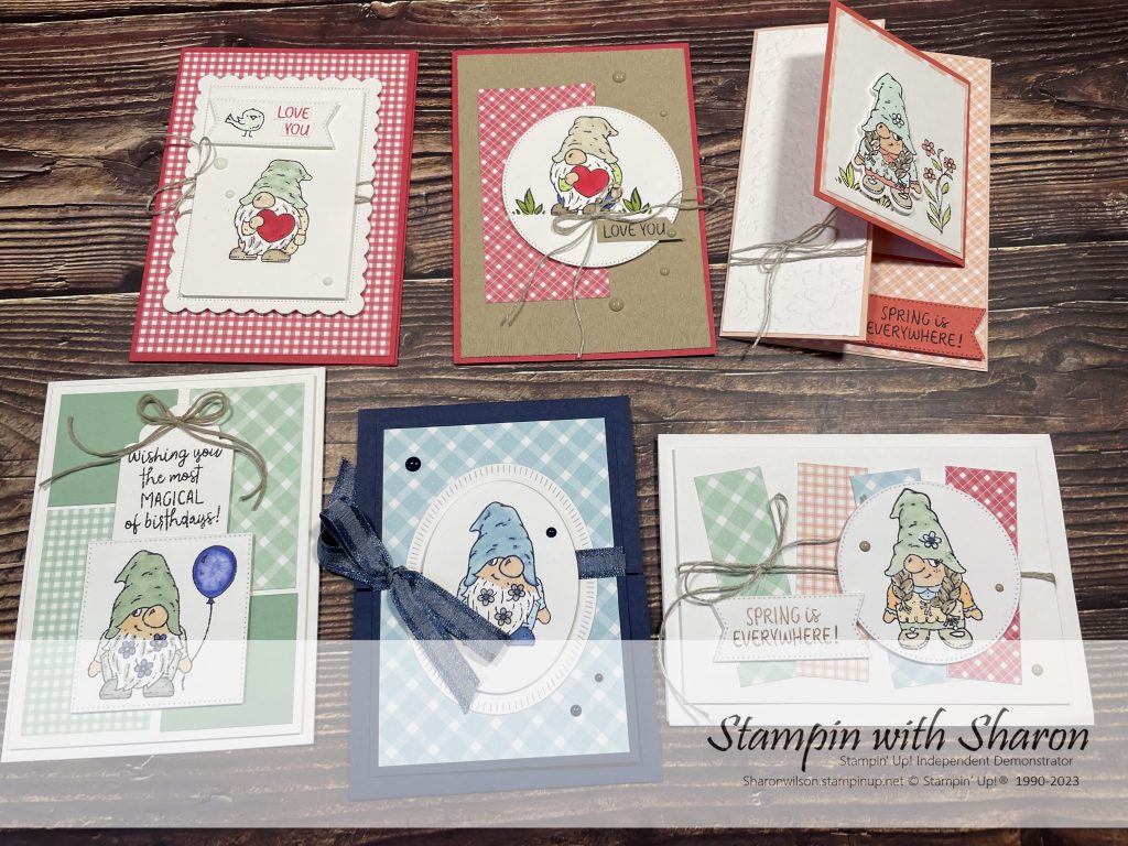 Friendly Gnomes cards - set of 6.  The cards also showcase the Country Gingham designer Series Papers.